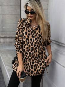 SHEIN LUNE Women Leopard Print Long Sleeve Button-Front Casual Shirt With Pockets, Autumn Fall Cloth For Women - Multicolor - View 5