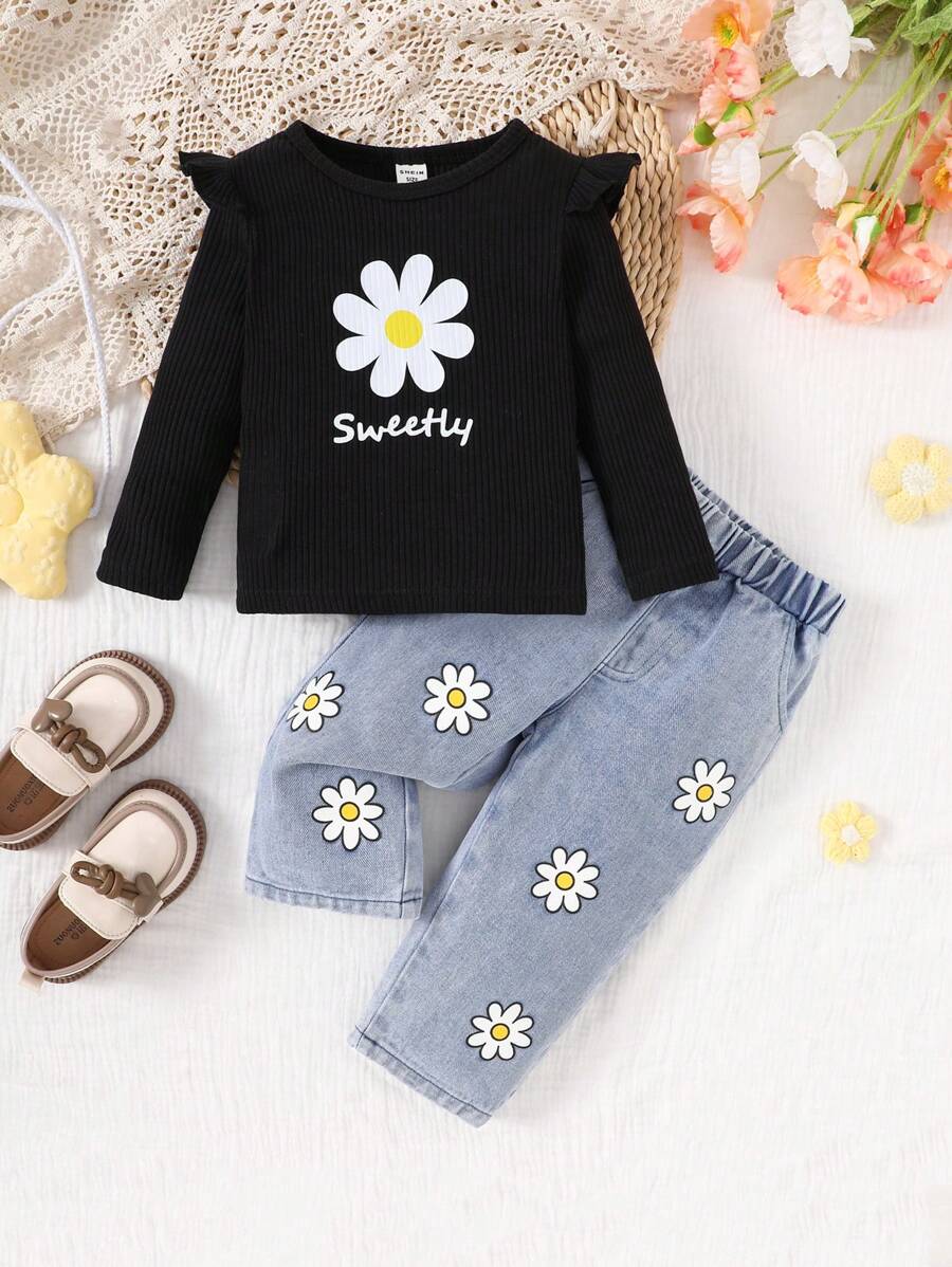 Set casual da 2 pezzi per neonate, composto da maglietta a maniche lunghe con collo rotondo con stampa di lettere e margherite, e pantaloni, per l'autunno