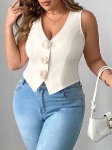 SHEIN Unity Plus Size Women Elegant Floral Decor Top, Spring & Autumn - Apricot - View 3