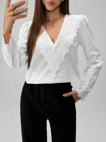 SHEIN Unity 女式 V 领拼布蕾丝边纯色长袖衬衫，女式休闲日常风格上衣 - 白色 - 查看 7