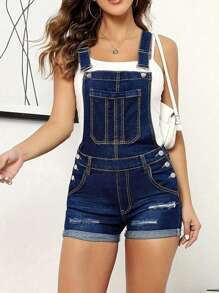 Summer Casual Washed Ripped Denim Overalls Shorts – Daily Wear - Dark Wash - View 4