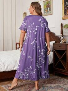 Plus Size Women Plant Print Round Neck Short Sleeve Ruffle Hem Casual Nightgown, Moo Moo Sleep Dress - Purple - View 3