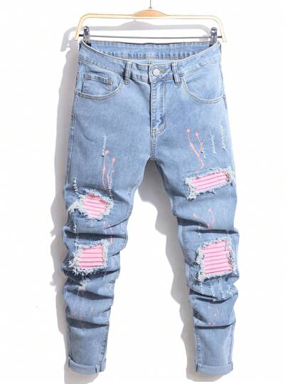 Manfinity LEGND Men's Slim Fit Ripped Pocket Casual Denim Jeans Men Ripped Jeansstreetwear Jeans