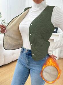 Chiquease Vrouwen Effen Voorkant Knoop Mouwloos Casual Gewatteerde Gewatteerde Jas Kleding Winter