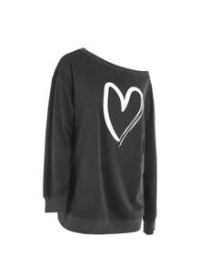 INAWLY 大码女式休闲心形印花不对称领口宽松套头运动衫 - 灰色 - 查看 4