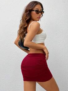 SHEIN EZwear Women Solid Color Ruffle Mesh Double Layer Sheer Bodycon Mini Skirt - Burgundy - View 5