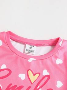 SHEIN Tween Girls Cute Minimalist Letter&Heart Pattern Crew Neck Raglan Long Sleeve Top And Legging Soft&Comfort Loungewear 2pcs Set - Pink - View 3