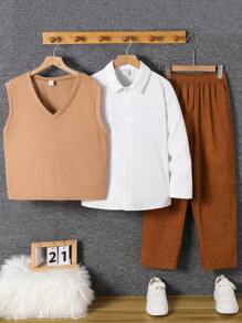 Bộ 3 món quần áo trẻ em Tween Boy Casual School Academy cổ chữ V không tay, áo sơ mi dài tay vải nhung cổ polo và quần ống đứng rộng rãi, thích hợp mặc khi đi học, làm vườn, đi biển, sinh nhật, mùa xuân, mùa hè, mùa thu, mùa đông - Nhiều màu - Xem 3