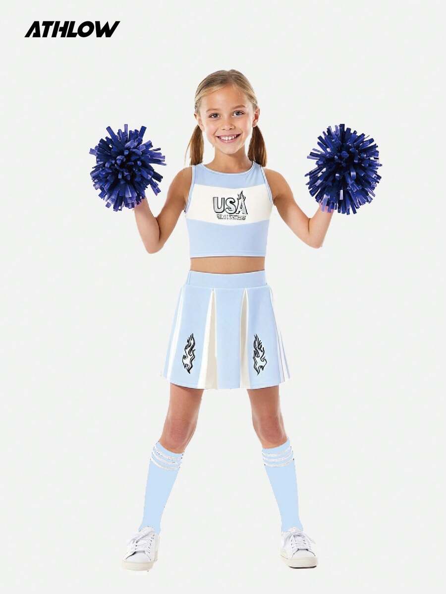 SHEIN Bộ váy thể thao thời trang cho bé gái 2 món/bộ, màu xanh và trắng kết hợp, đồng phục khiêu vũ cổ vũ viên cổ điển có logo chữ ngọn lửa phản quang - Nhiều màu - Xem 1