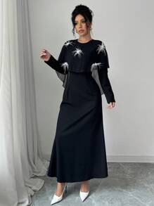 Modelyn 女士优雅黑色针织水钻装饰毛茸茸边饰修身连衣裙长款女士装长款晚礼服 - 黑色 - 查看 5