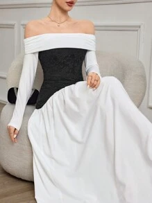 Modelyn Women Elegant Fit & Flare Knit Patchwork Dress For Formal Evening Party Long Evening Dresses - Black and White - View 6