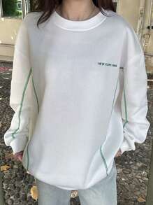 INAWLY 1 件女式拼色立领长袖字母印花休闲运动衫