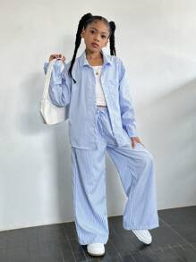 SHEIN WESTFADE Young Ensemble trois pièces pour fille préadolescente : chemise à manches longues rayée, pantalon et caraco, style urbain et à la mode, idéal pour le printemps et l'automne.