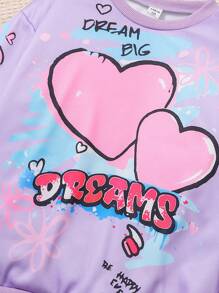 SHEIN Set de 2 piezas de sudadera con cuello redondo y diseño de corazón, y pantalón de chándal largo para niña preadolescente, conjunto lindo