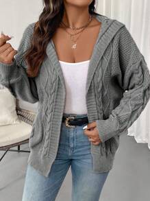 Vionelle 大码女式纯色落肩长袖连帽宽松休闲开衫，秋冬 - 灰色 - 查看 4