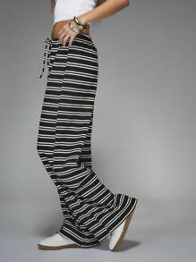 MISSGUIDED Stripe Waffle Wide Leg Pants With Drawstrings Office Wear - Black and White - View 6