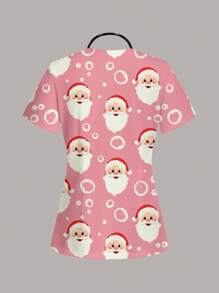 PopScrub 简单休闲全印花女式制服手术服上衣、护士上衣，适合圣诞节 - 白色 - 查看 2