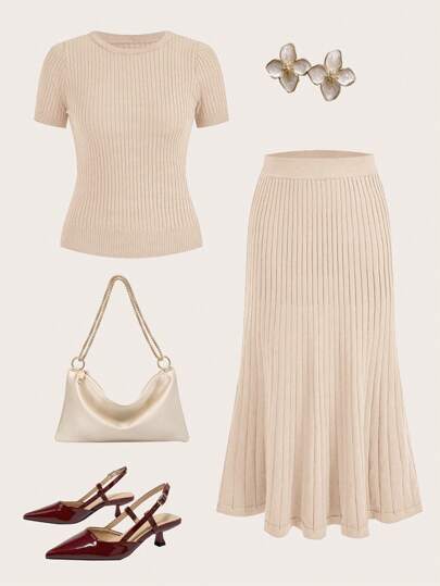 Modelyn 2 件套女士优雅纯色短袖针织上衣和裙子，秋季 2 件套