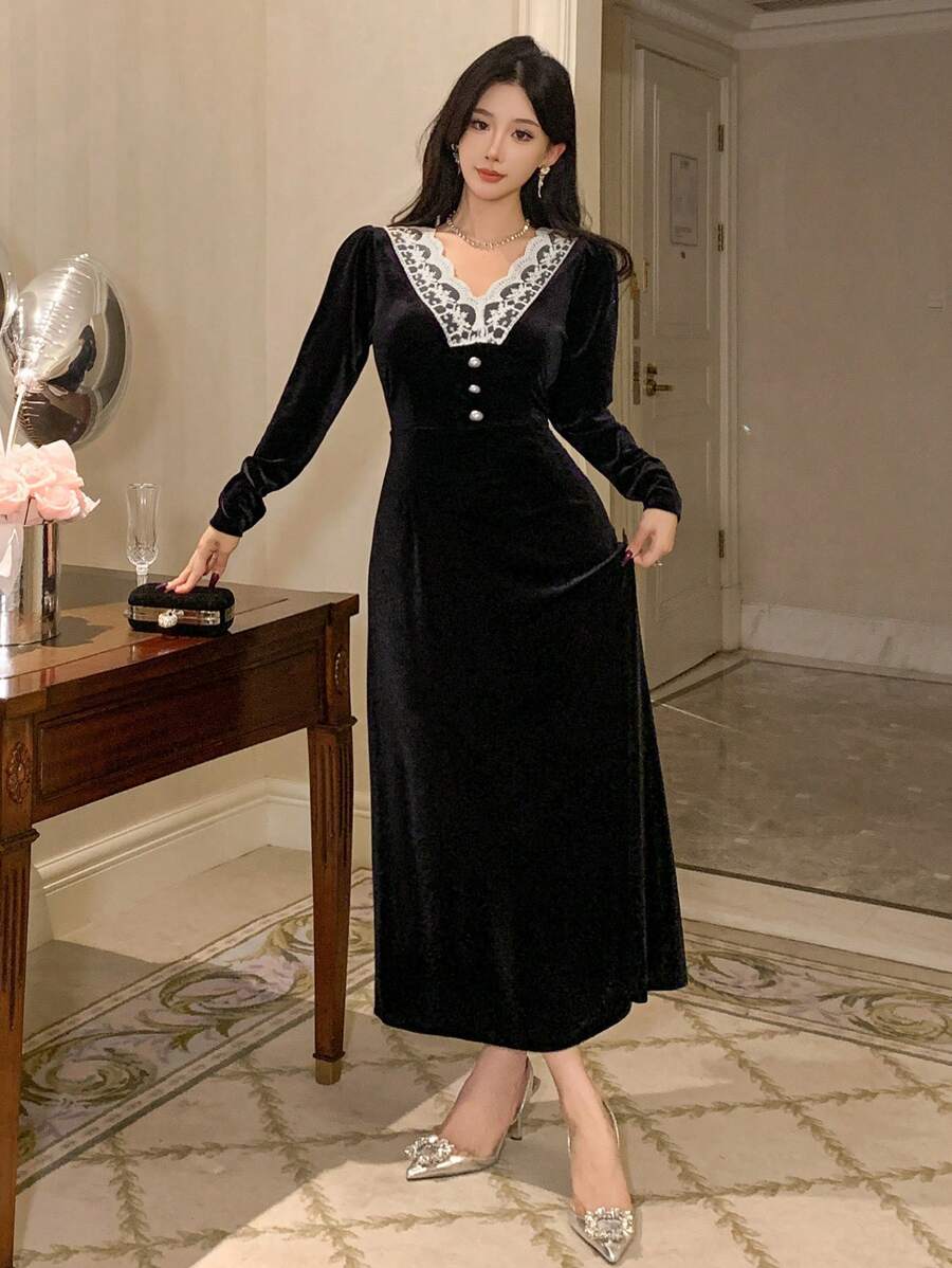 DAZY 女士优雅撞色蕾丝纽扣装饰中长连衣裙，秋冬，新年舞会礼服长袖连衣裙