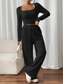 SHEIN Frenchy Women 2pcs/Set Solid Color Square Neck Long Sleeve Ribbed Casual T-Shirt And Pants Relaxed Fit Set, Autumn