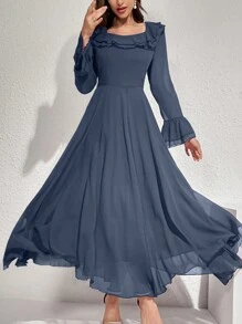 Modelyn Solid Color Ruffle Trimmed Decor Belted Dress, Elegant Evening Party Dress - Blue - View 8