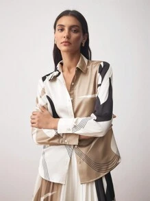 BizChic Floral Asymmetrical Geometric Print Long Sleeve Satin Blouse, Women Office Wear Clothes For Spring & Summer