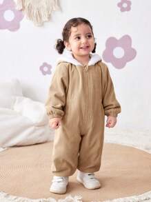 SHEIN Newborn Baby Girls Thermal Lined Hooded Jumpsuit, Contrast Color, Warm For Autumn/Winter