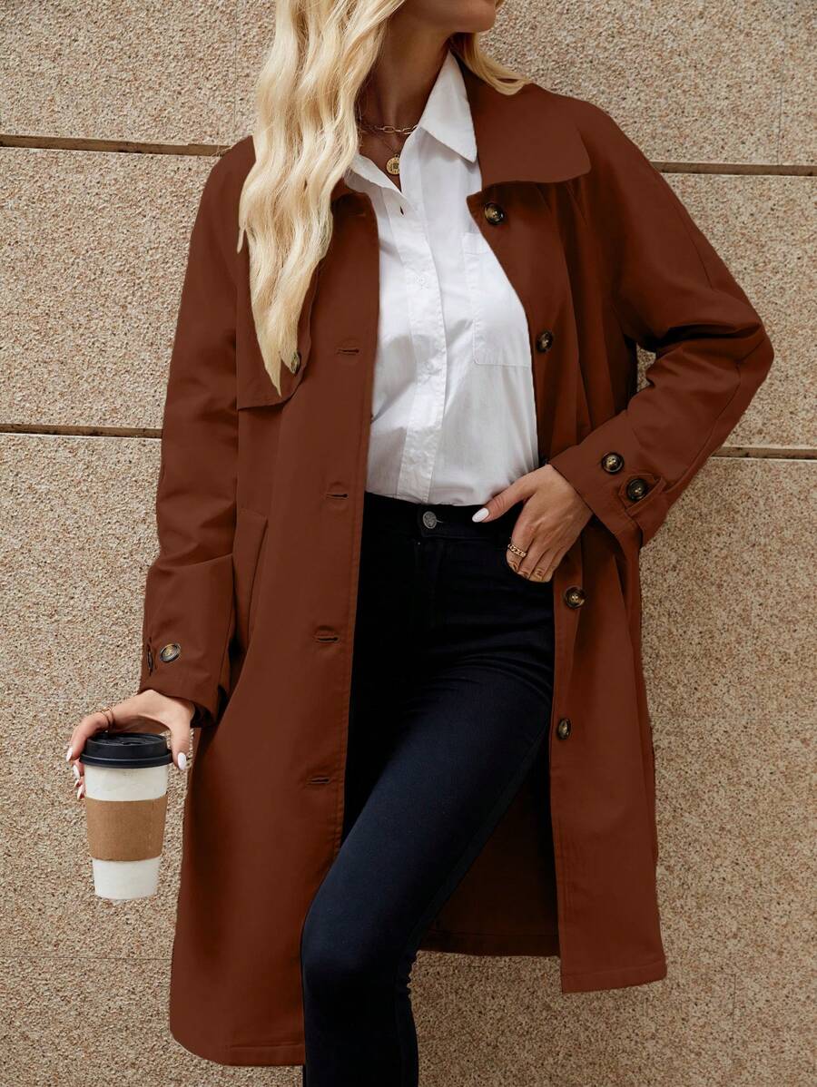 SHEIN LUNE Women's Plain Single-Breasted Long Sleeve Casual Commuter Trench Coat, Autumn - Brown - View 1