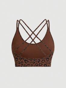 Easithlete 豹纹印花露背运动文胸无缝高弹力 - 棕色 - 查看 8