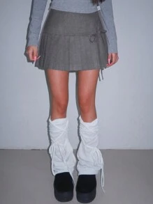 DAZY Women Short Bowknot Pleated Mini Skirt Fall Skirts - Grey - View 4