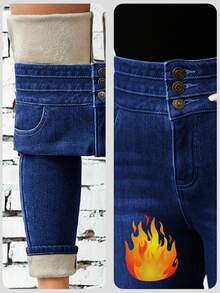 女士冬季保暖牛仔裤 Denim Drift 修身保暖紧身高腰牛仔裤 适合办公室女士、休闲装和校园装 - 深色水洗藍 - 查看 3