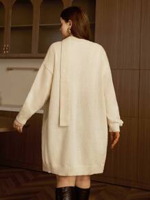 Elaquor 大码长款纯色纹理针织大码开衫，宽松版型，秋冬时尚必备单品 - 米色 - 查看 2