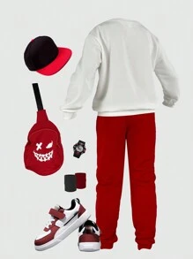 SHEIN 2pcs Tween Boy Casual Print Crew Neck Sweatshirt And Sweatpants Set (With Bag)