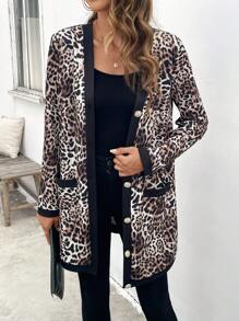 SHEIN Clasi 1 Pc Women Leopard Print Button Front Long Sleeve Pocket Casual Contrast Jacket - Coffee Brown - View 1