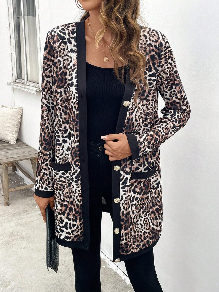 SHEIN Clasi 1 Pc Women Leopard Print Button Front Long Sleeve Pocket Casual Contrast Jacket - Coffee Brown - View 1