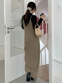 DAZY 女士情人节休闲针织毛衣裙，简约时尚，适合秋冬日常穿着 - 卡其色 - 查看 5