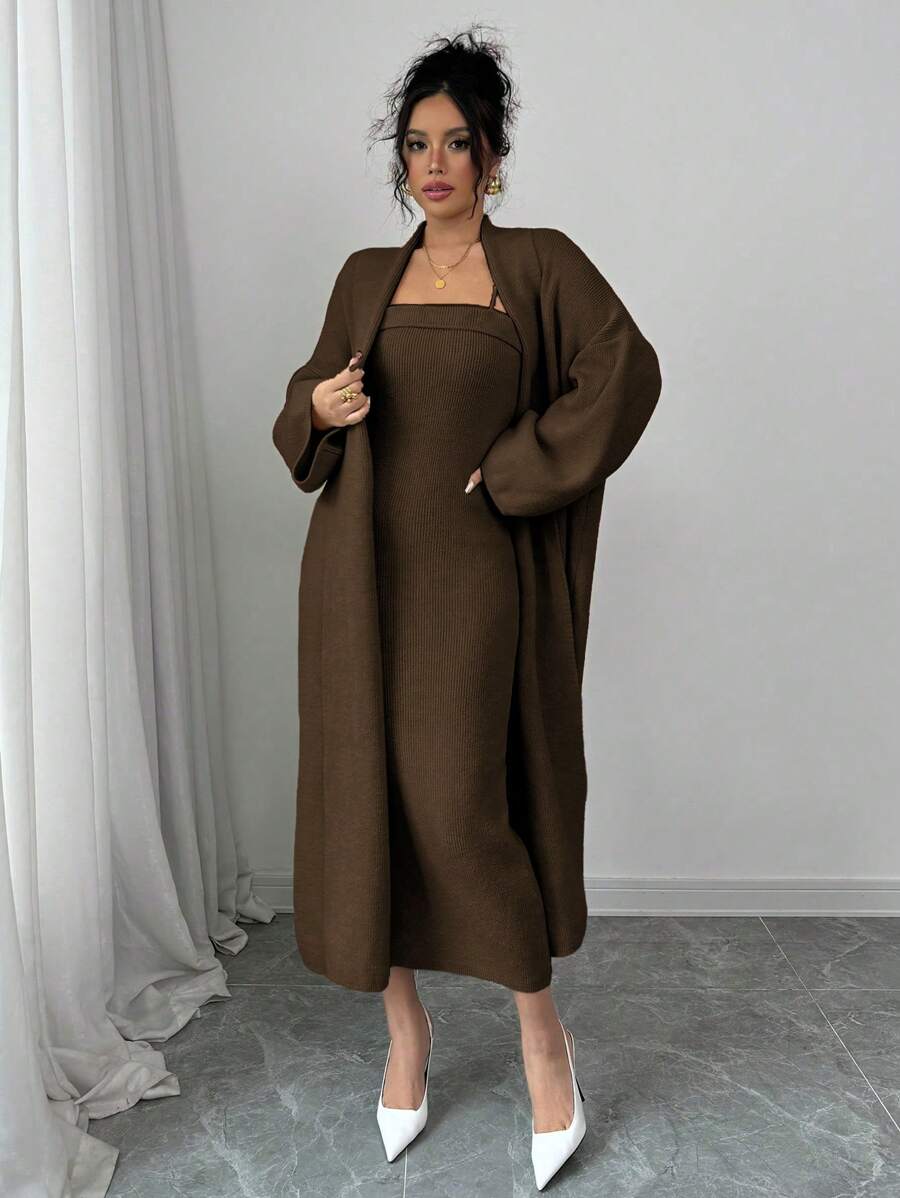Chiquease 女士长袖纯色长款开衫和无袖毛衣连衣裙 2 件套，秋冬 - 咖啡棕 - 查看 1