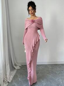 Modelyn 1 pieza Vestido maxi asimétrico con volantes y ajustado de hombros descubiertos para mujer, vestido de noche largo
