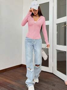 SHEIN EZwear 粉色拉链抽绳连帽运动衫 - 粉色 - 查看 5