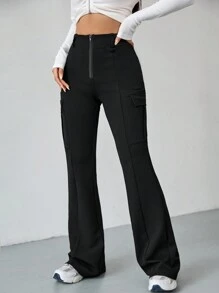 SHEIN EZwear Flap Pocket Side Zip Fly Flare Leg Cargo Women Pants - Black - View 3