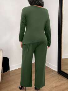 INAWLY Set de 2 piezas de talla grande: top asimétrico y pantalones de color liso casual, otoño