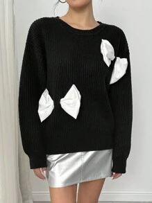 Chiquease Autumn/Winter Contrast Color, Bow Decor, Loose Warm And Comfortable Pullover Sweater