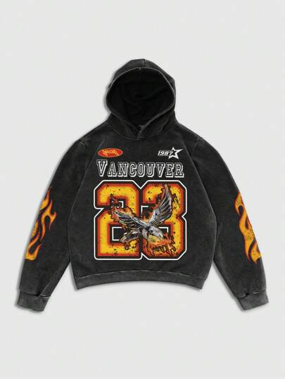 Street Life Men's Letter & Number Print Washed Vintage Style Hoodie, High Street