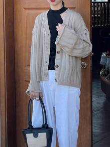 INAWLY Women Casual Drop Shoulder Loose Cardigan, Solid Color, Autumn/Winter - Apricot - View 5