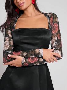 COSMINA Vestido corto elegante de manga larga con escote cuadrado, estampado floral y patchwork para mujer - Multicolor - Ver 5