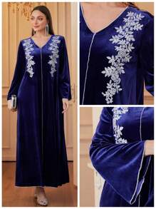 Al Najma V 领长袖简约长款天鹅绒刺绣连衣裙，日常休闲穿着，优雅朴素的束腰外衣卡夫坦和阿拉伯长袍，适合晚会/婚礼嘉宾/周年纪念