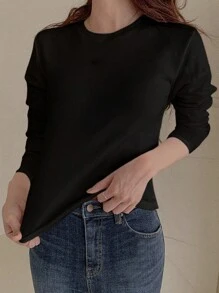 DAZY 1 件休闲纯色长袖 T 恤，适合秋季穿着 - 黑色 - 查看 2