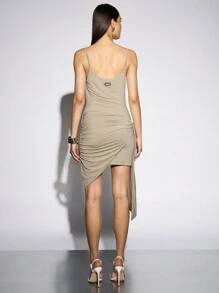 AiiRZ Glitter Draped Mini Dress Cowl Neck Strappy Asymmetrical Ruched Side Knot Party Club Wedding Guest Sleeveless Shimmer Special Occasion - Khaki - View 2