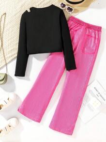 SHEIN Set de 2 piezas: Top de manga larga con hombros descubiertos rosa rojo + Pantalones largos con estampado de corazón para niña preadolescente - Rosa Fucsia - Ver 2