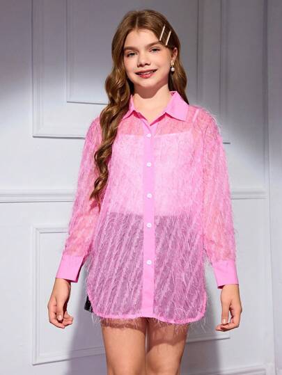 SHEIN 少女亮紫红色羽毛装饰轻便派对装节日衬衫